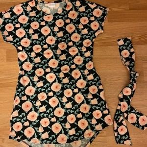 Lularoe Slinky pink Rose black background L Mitzi Sash Top Dress NWT